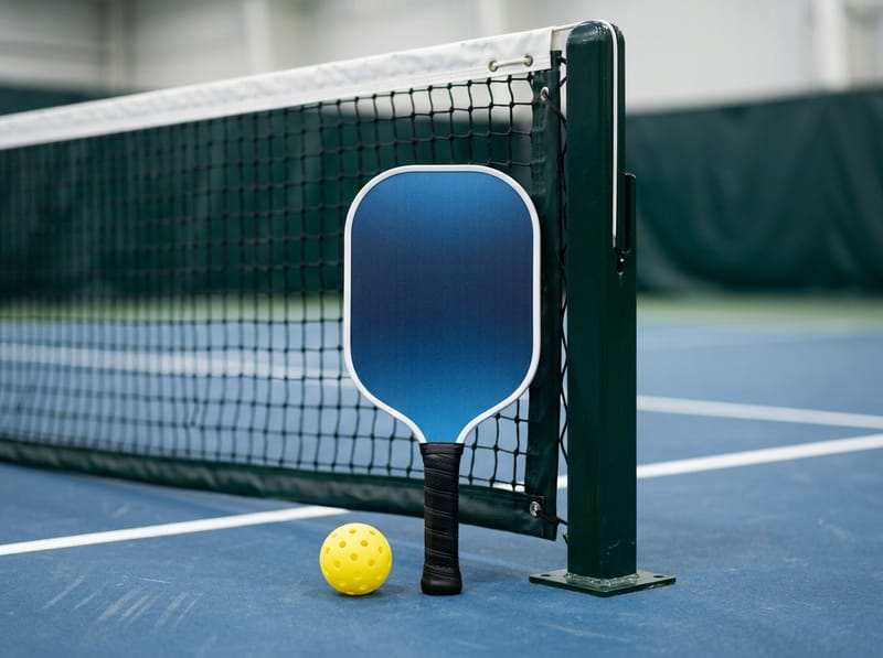 Blue graphite pickleball paddle with a long handle propped against an indoor net post, illustrative of the Selkirk Vanguard Invikta 2.0