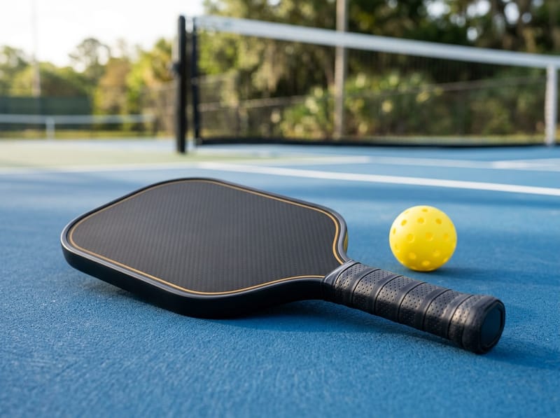 Elongated raw-carbon pickleball paddle with gold trim on a blue court, illustrative of the JOOLA Perseus Pro IV
