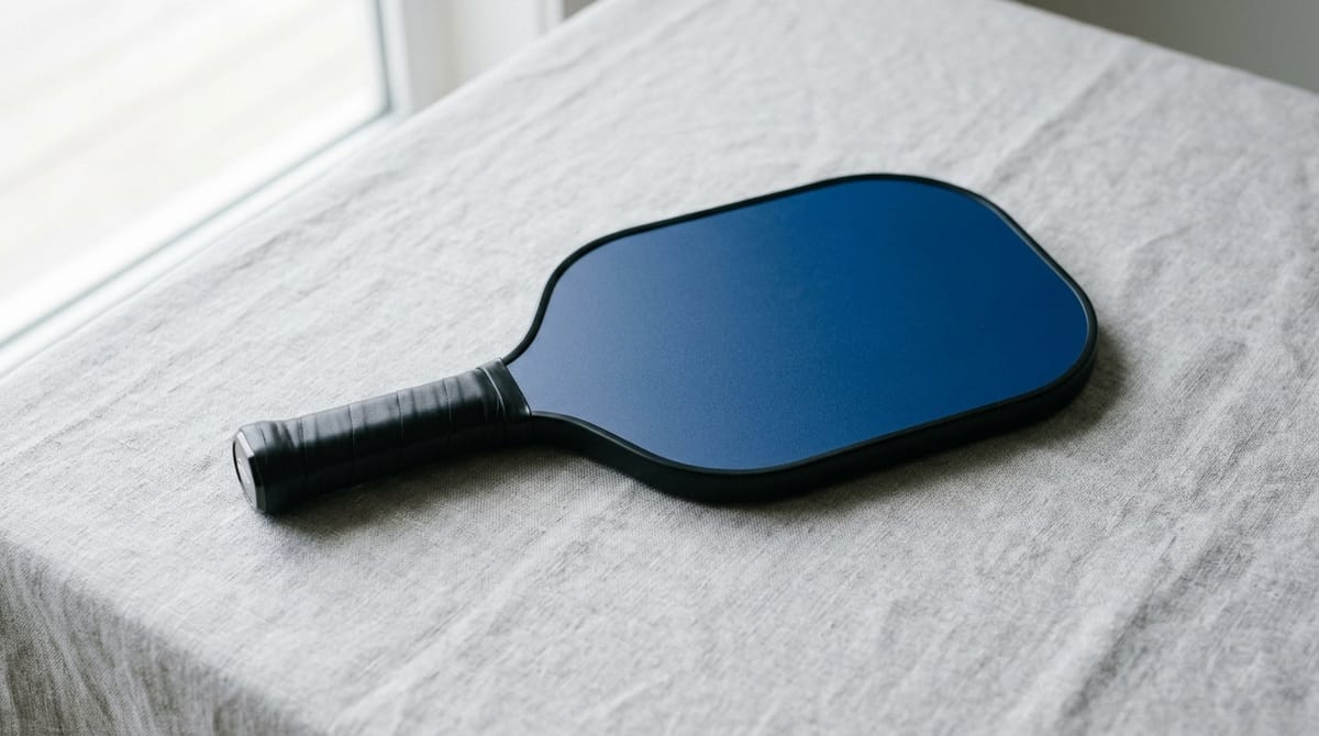 Blue composite pickleball paddle on a light grey background
