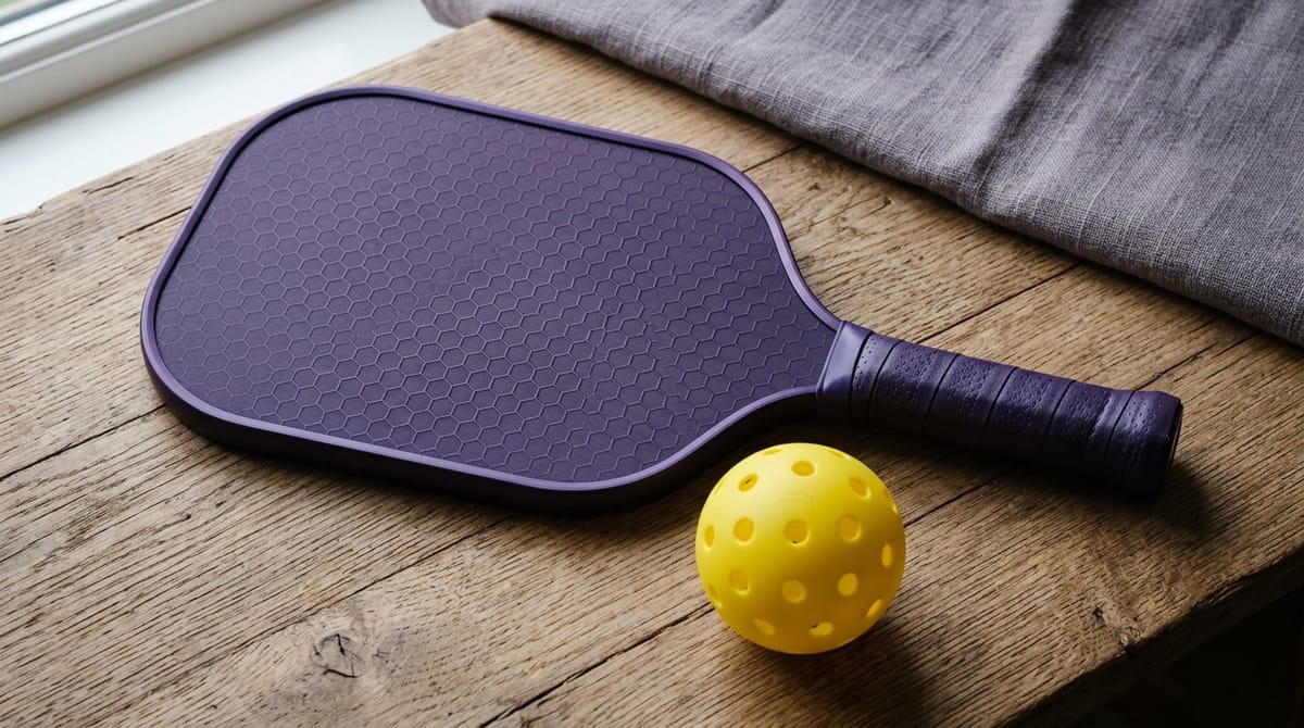 Deep purple pickleball paddle flat lay with a ball