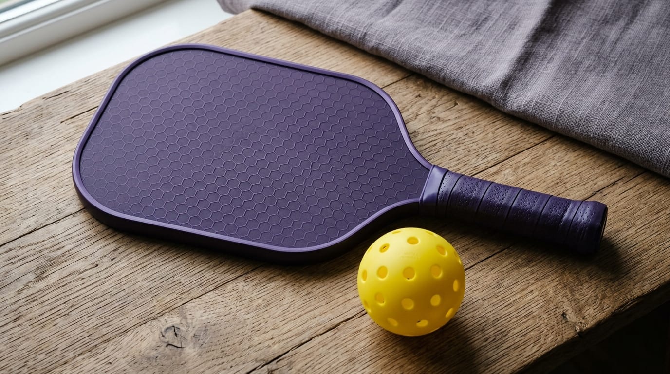 Deep purple pickleball paddle flat lay with a ball