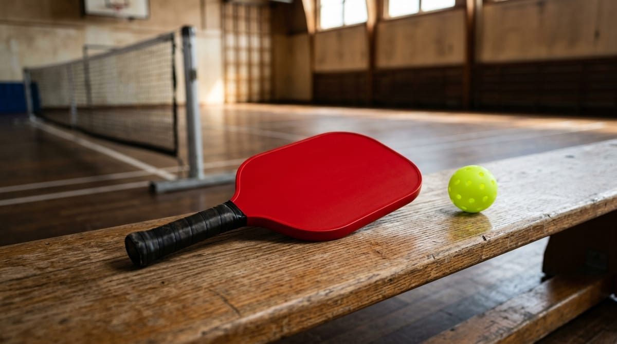 Red pickleball paddle on a wooden gym bench