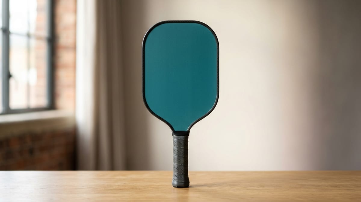 Teal pickleball paddle against a soft gradient